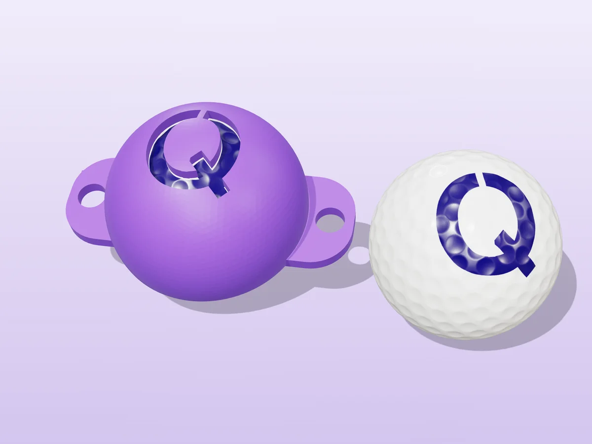 3D render of a purple 3D-printed golf ball stencil with the letter Q cut through it, sitting on a golf ball, next to a ball marked with a purple Q