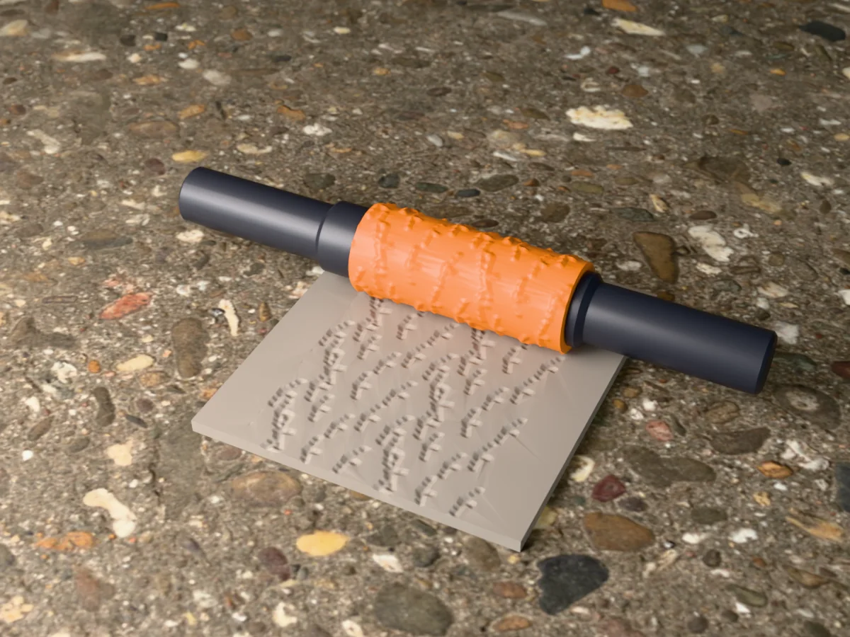 3D render of the printed halloween bat textured rolling pin, its patterned sleeve between two dark handles, resting on a slab of clay it has pressed with flying bats