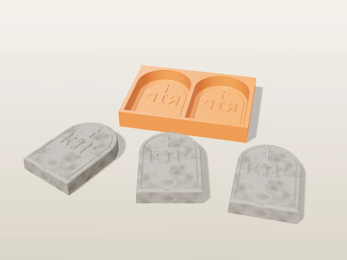 3D render of a printed orange tray with two tombstone cavities, and grey concrete tombstones carved with R I P and a cross in front