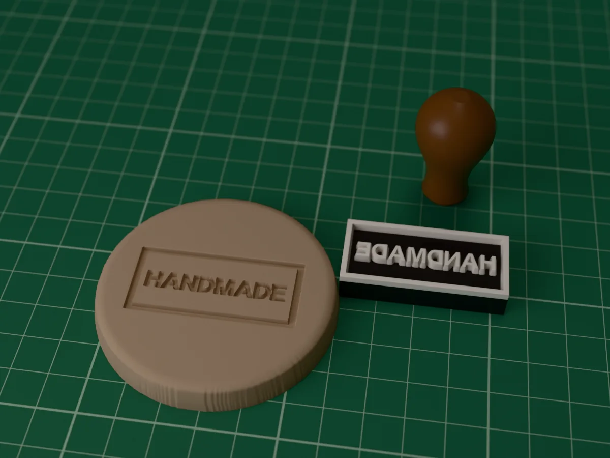 3D render of the printed handmade pottery stamp, face up next to its brown handle, and a round slab of clay with the stamp pressed into it
