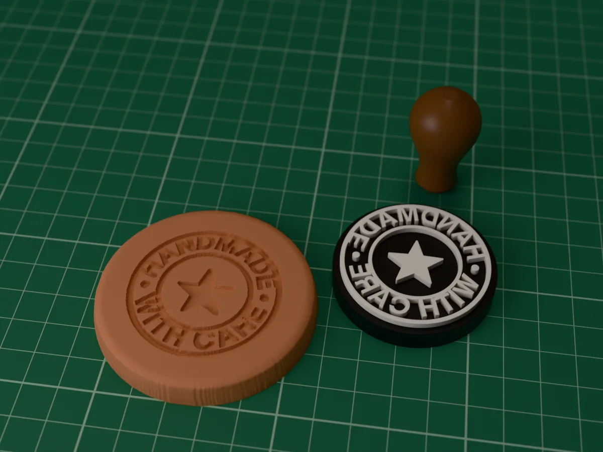 3D render of the printed handmade seal stamp, face up next to its brown handle, and a round slab of clay with the stamp pressed into it