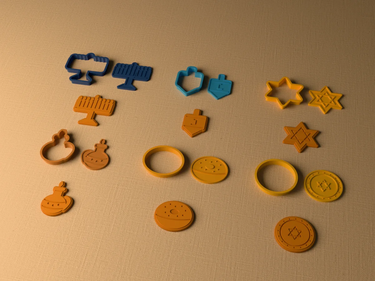 3D render of six 3D-printed Hanukkah cookie cutters with their stamps and a golden stamped cookie in front of each: menorah, dreidel, Star of David, oil jug, sufganiyah and gelt coin
