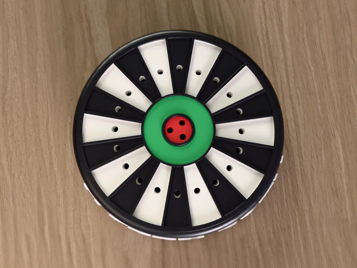 3D render of the HAPPY 40TH dart holder from straight above: the black and white dartboard face with a hole in every wedge, the green ring and the red bullseye with its three holes