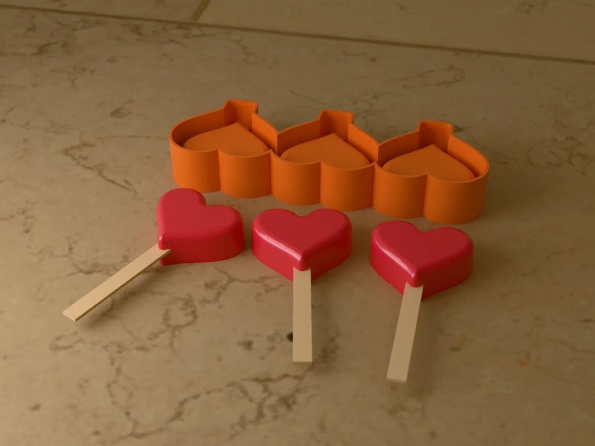 3D render of the printed caster for a three-cavity silicone heart cakesicle mold, with three red heart cakesicles on wooden sticks in front