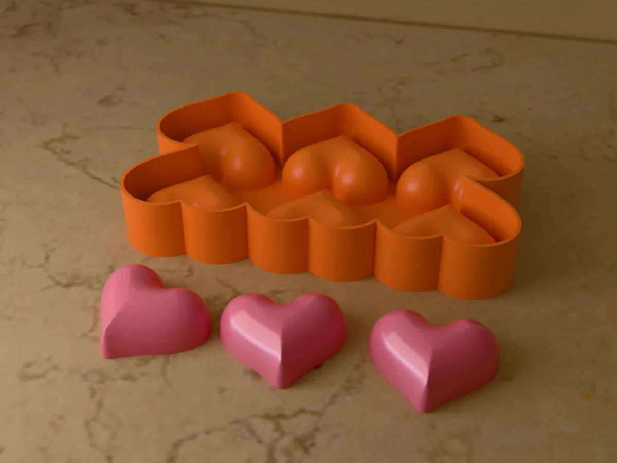3D render of the printed caster for a six-cavity silicone heart hot chocolate bomb mold, with three pink domed half hearts in front