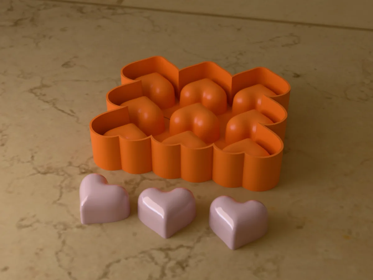 3D render of the printed caster for a nine-cavity silicone heart ice cube tray, with pink heart ice cubes in front