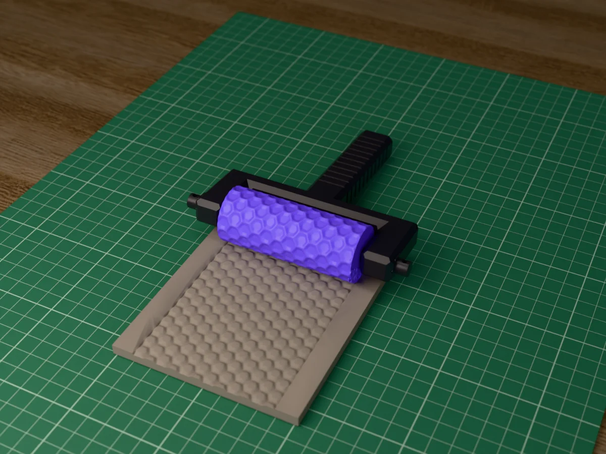 3D render of the printed hex tile texture roller in its dark fork handle, resting on a slab of clay it has pressed with hexagonal tiles