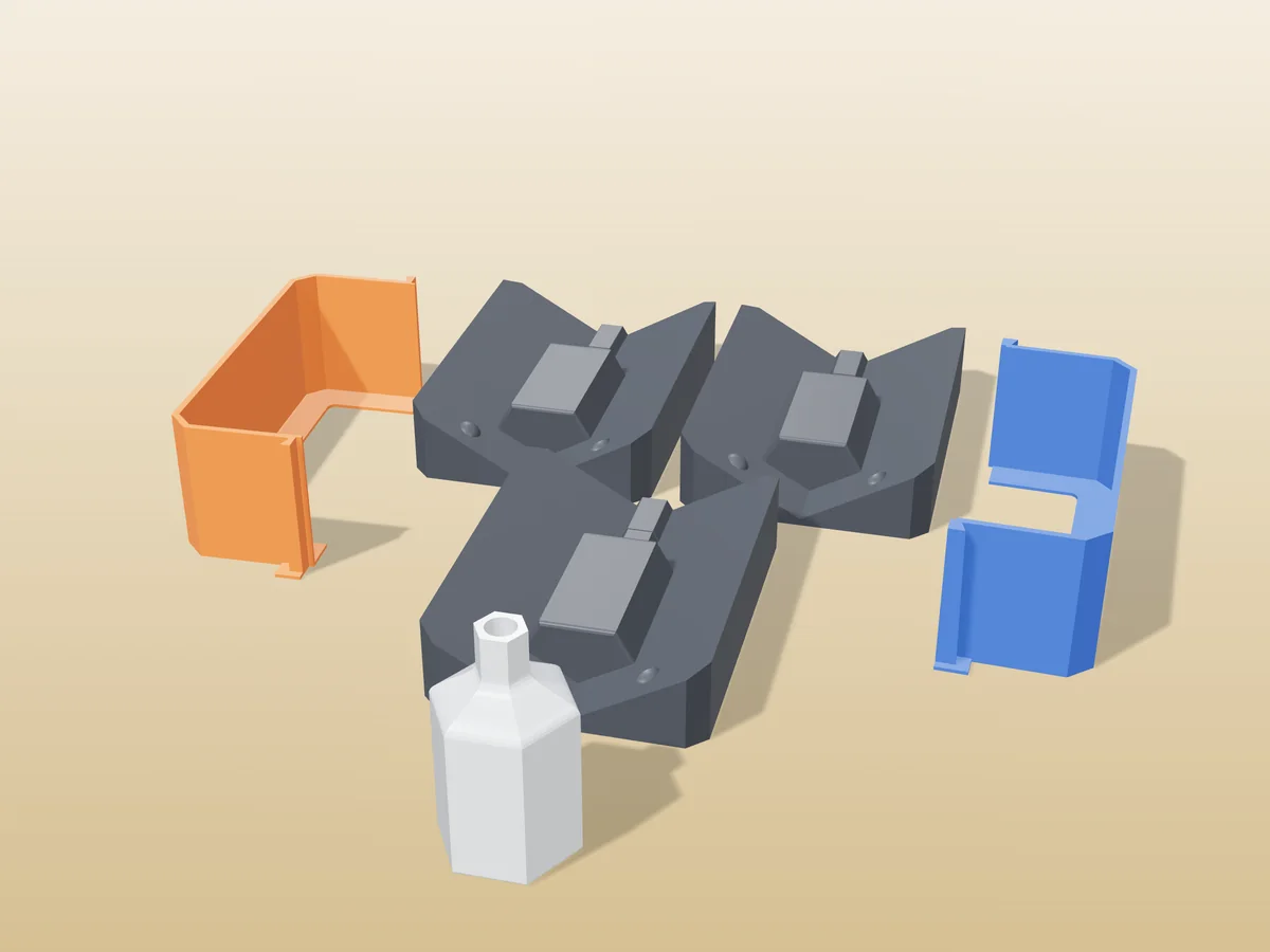3D render of three printed plaster-mold housings for a hexagonal bottle, orange and blue shells beside charcoal bases, with a pale blue fired hexagonal bottle in front