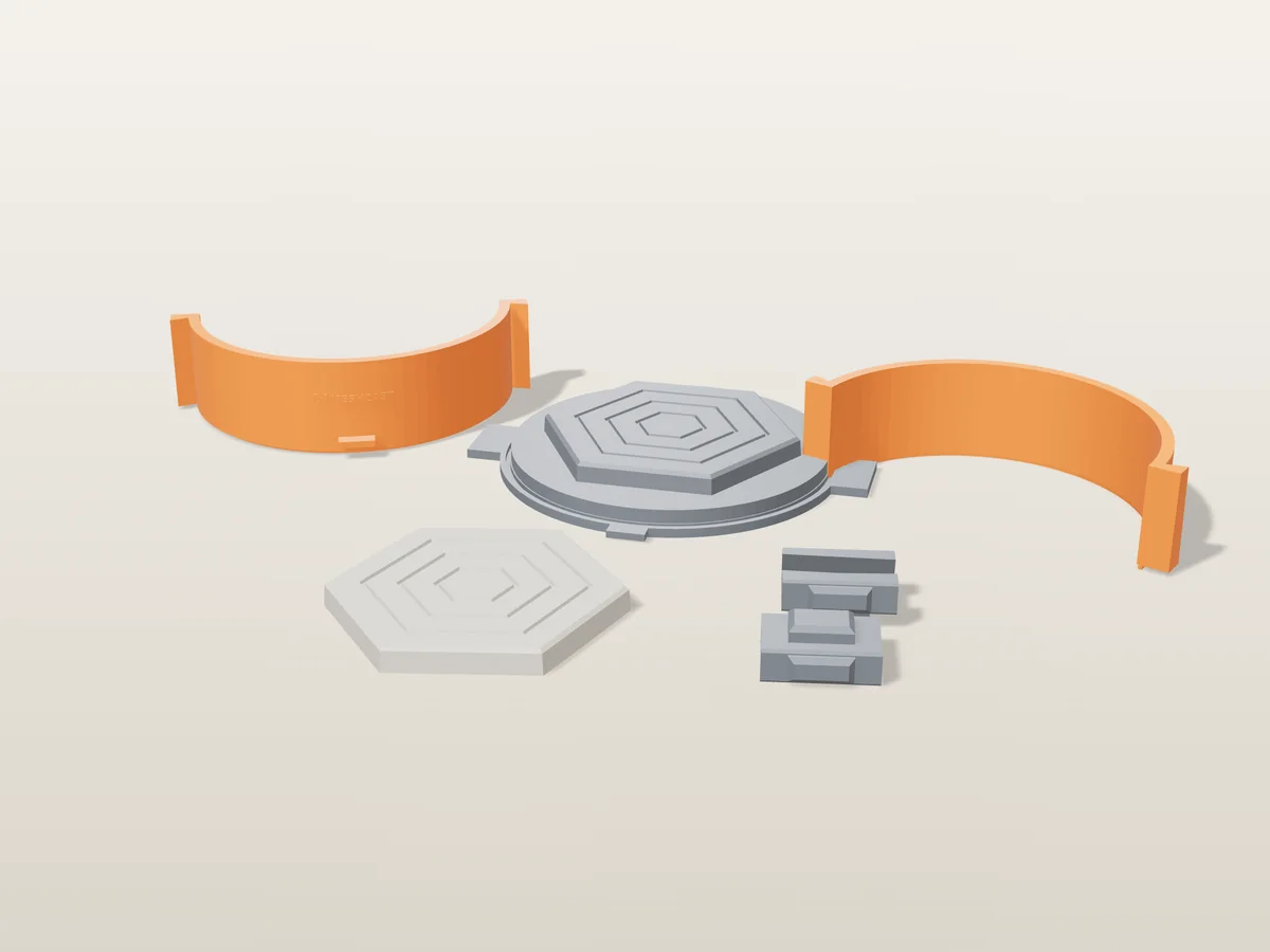 3D render of a grey concrete hexagon coaster with three nested grooves in front of its printed grey base, orange walls and grey clamps