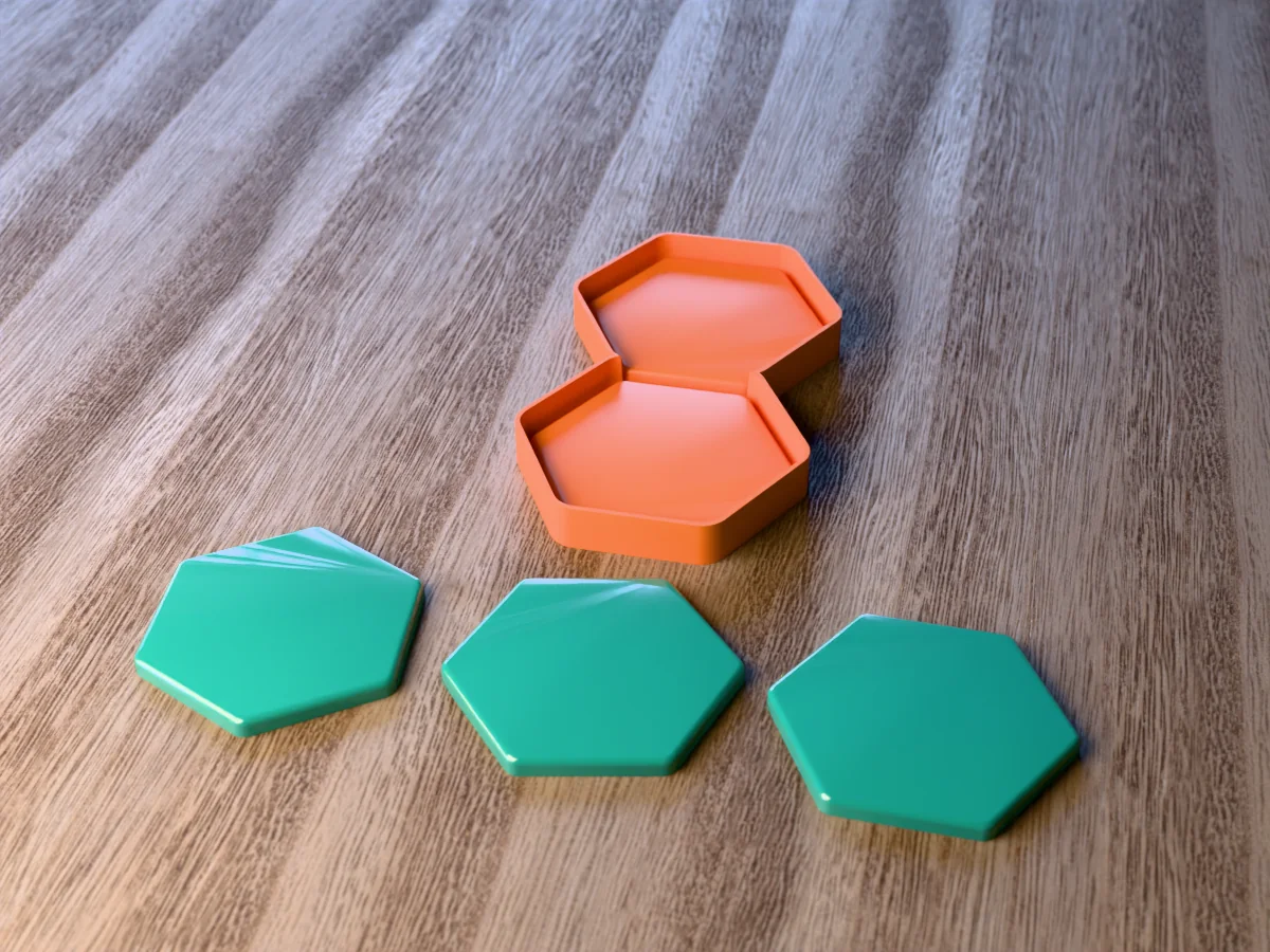 3D render of the printed caster for a two-cavity hexagon resin coaster mold, with three glossy teal hexagon resin coasters in front