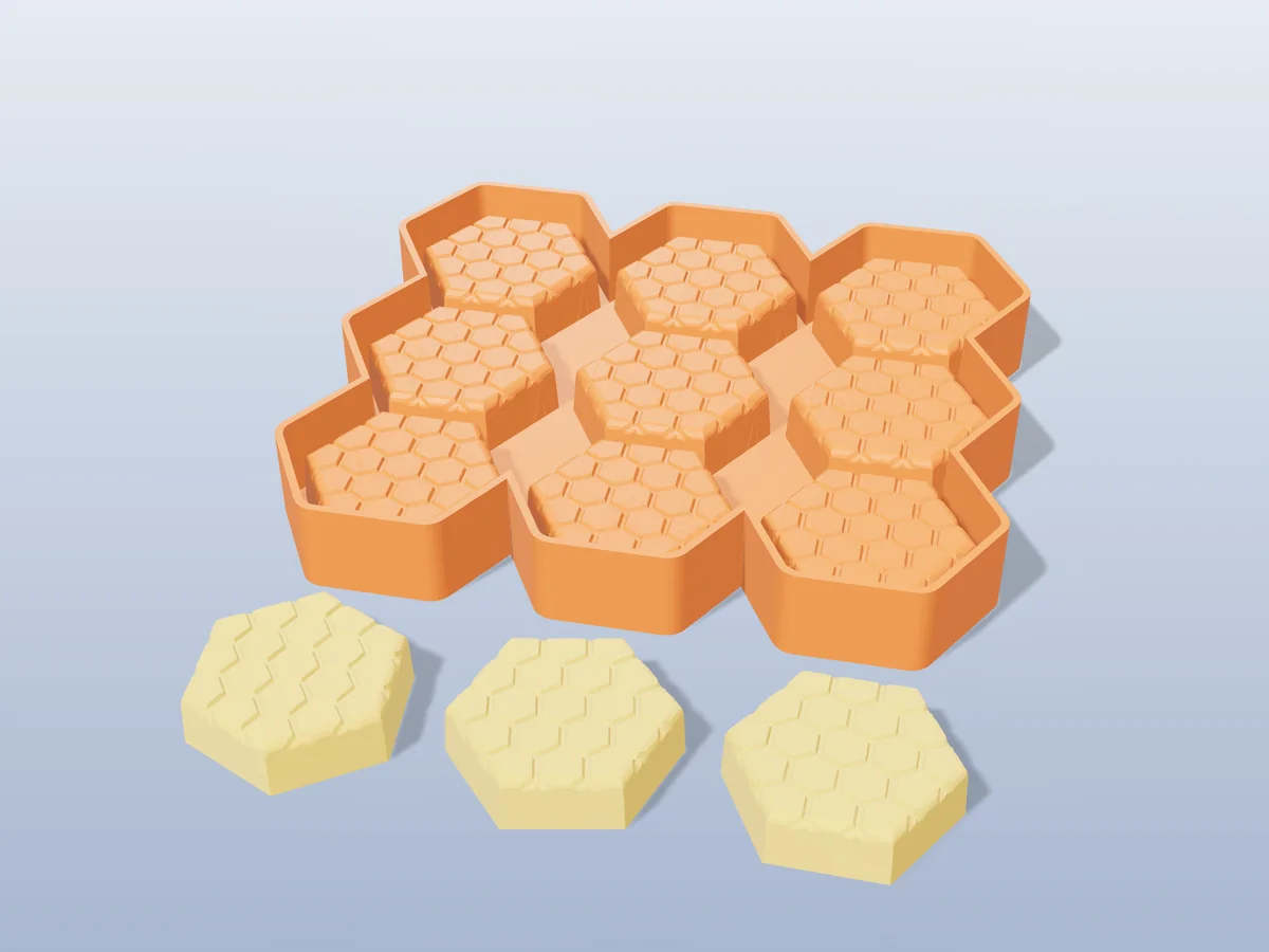 3D render of the printed caster for a nine-hexagon honeycomb silicone tray, with three honey-coloured hexagon melts in front