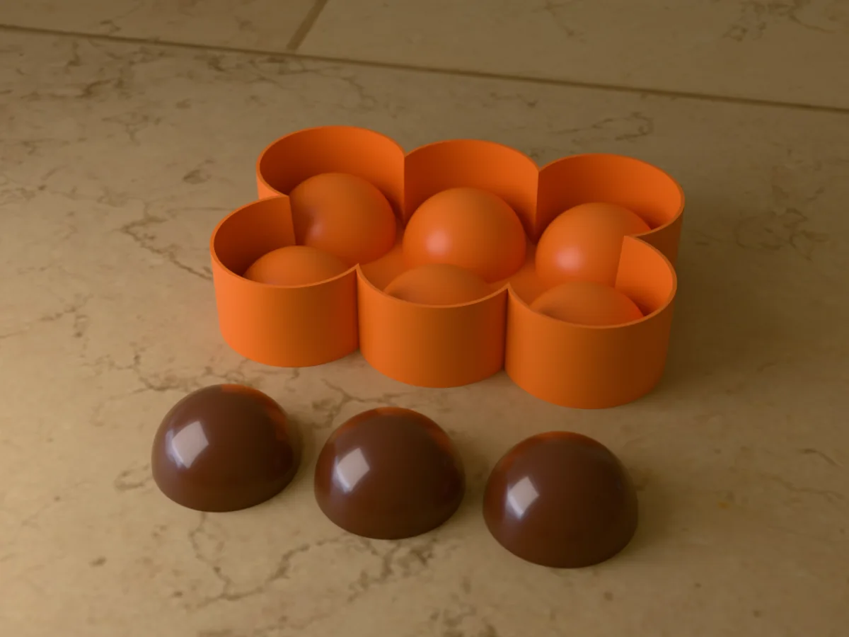 3D render of the printed caster for a six-cavity silicone hot chocolate bomb mold, with three dark chocolate half spheres in front
