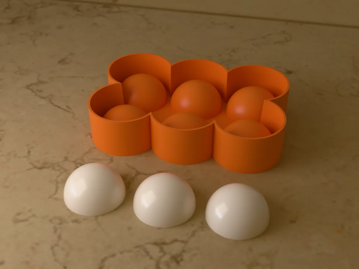 3D render of the printed caster for a six-cavity silicone 2 inch hot cocoa bomb mold, with three white chocolate half spheres in front
