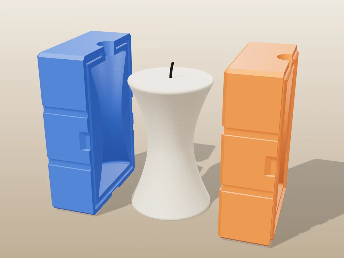 3D render of a sand-coloured hourglass pillar candle between the two printed halves of its rigid blue and orange mold