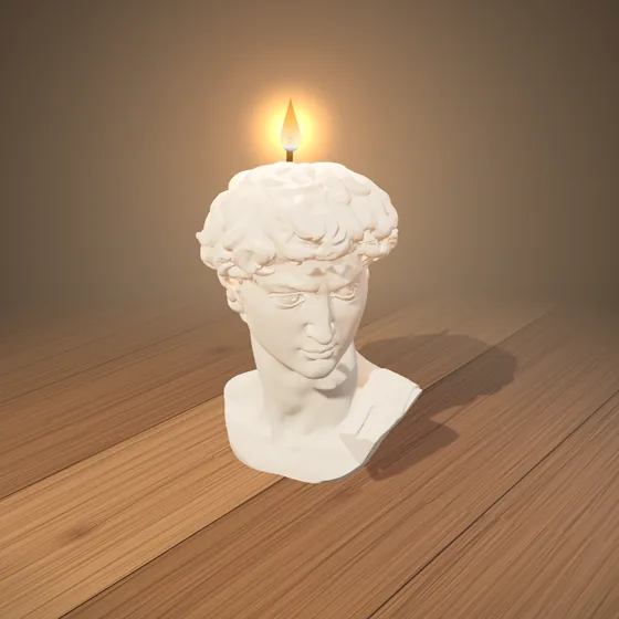 3D render of the finished ivory David bust candle on an oak table, lit, its flame flickering