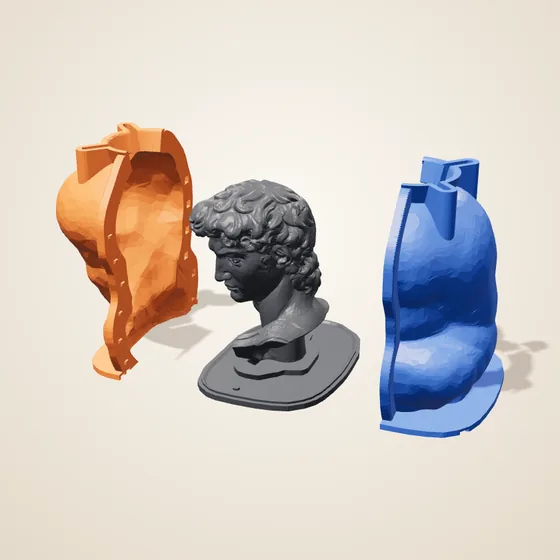 3D render of the printed mold kit for the David bust: a charcoal base with the head on it between an orange and a blue shell half, opening and closing