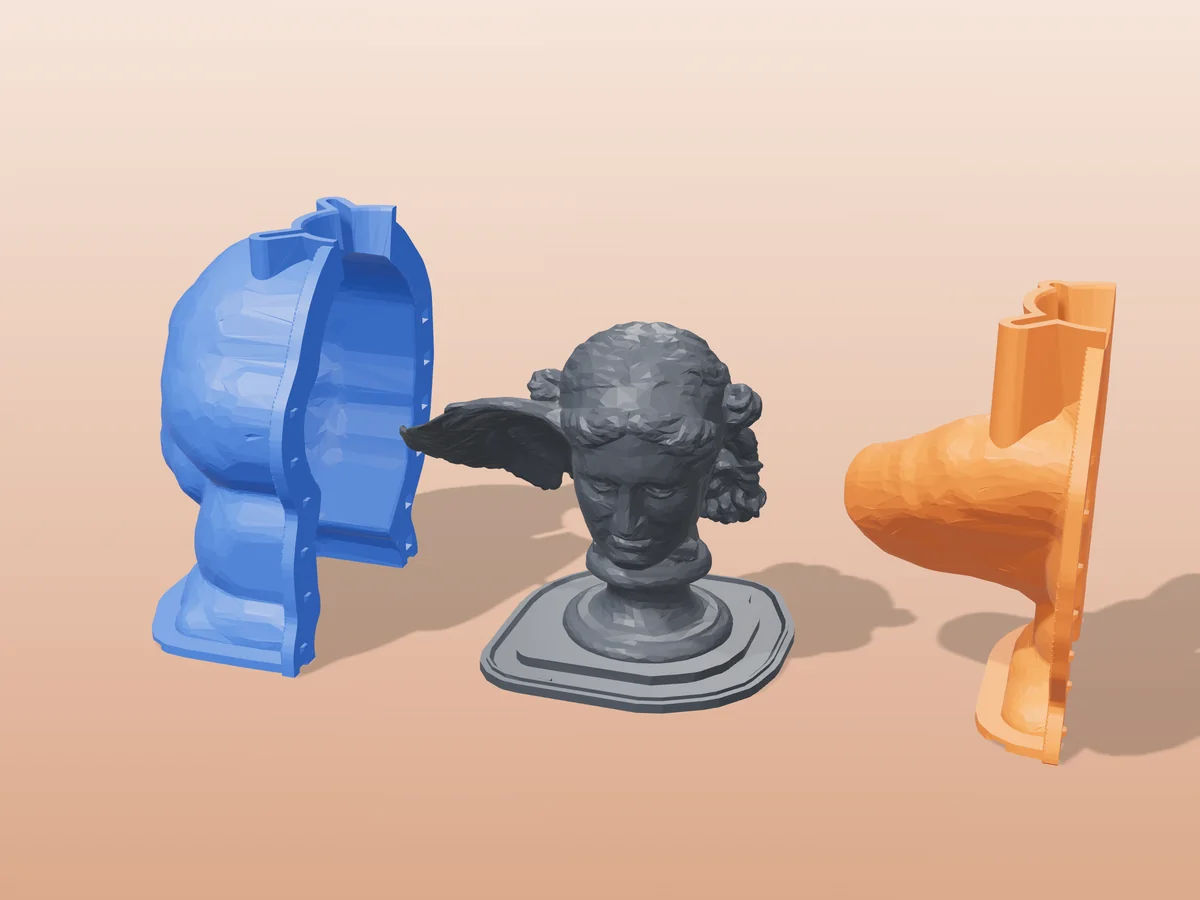 3D render of the winged Hypnos head master fused on its printed charcoal base, between the orange and blue hugging shell halves