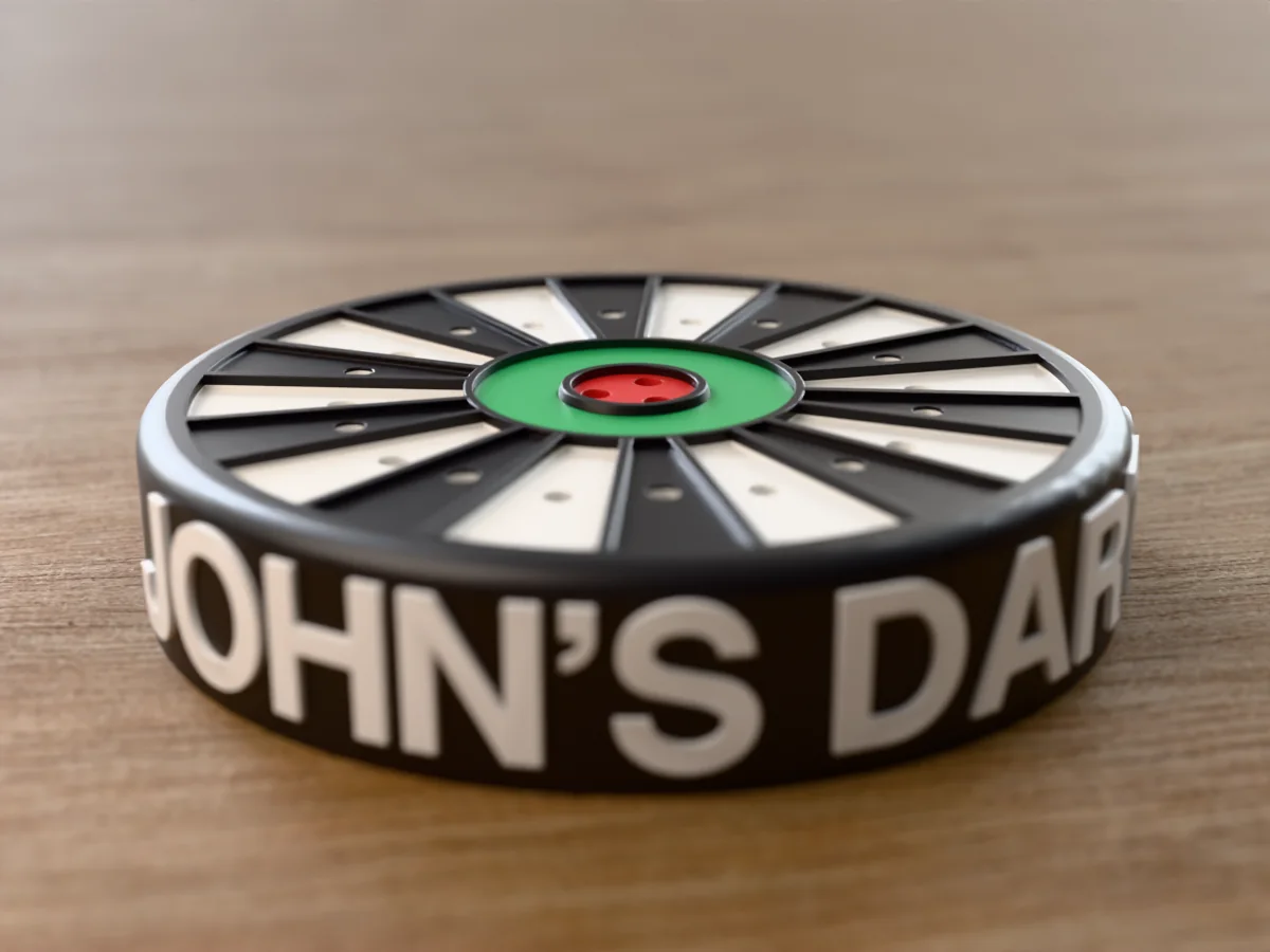 3D render, close view of the empty JOHN'S DARTS dart holder, the name in raised white letters round the side of the black case