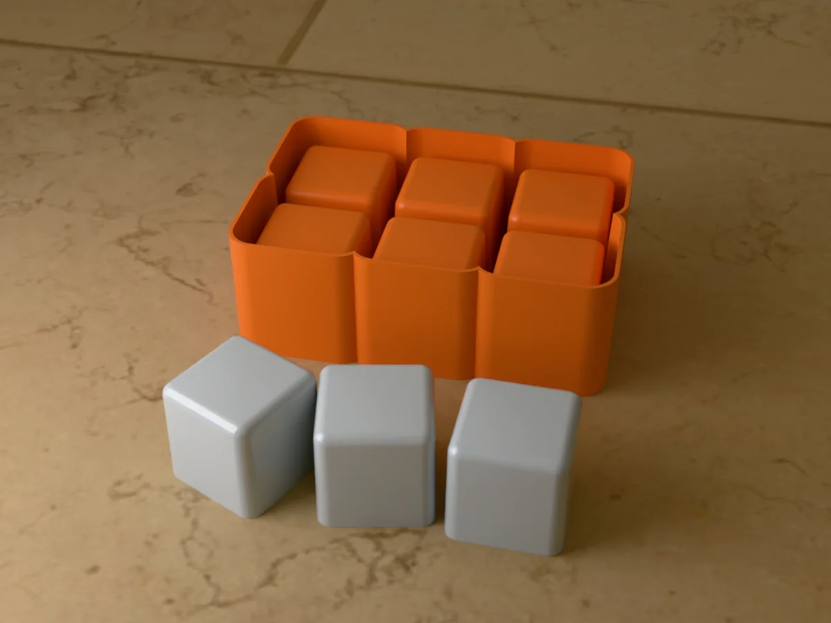 3D render of the printed caster for a six-cavity silicone 2 inch ice cube tray, with three large clear ice cubes in front