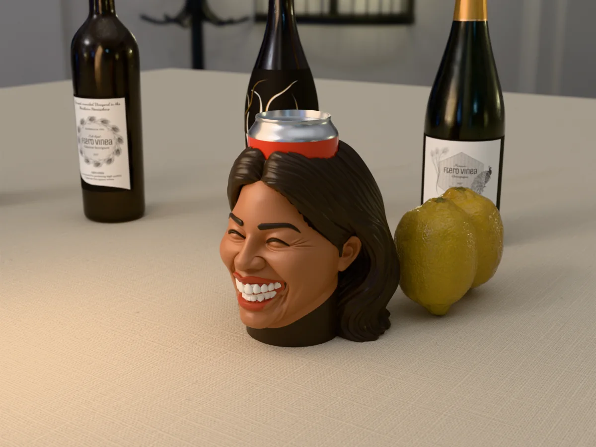 3D render of a 3D-printed head can holder of a woman with long dark hair, laughing with her eyes shut, painted in 6 colours, on a table