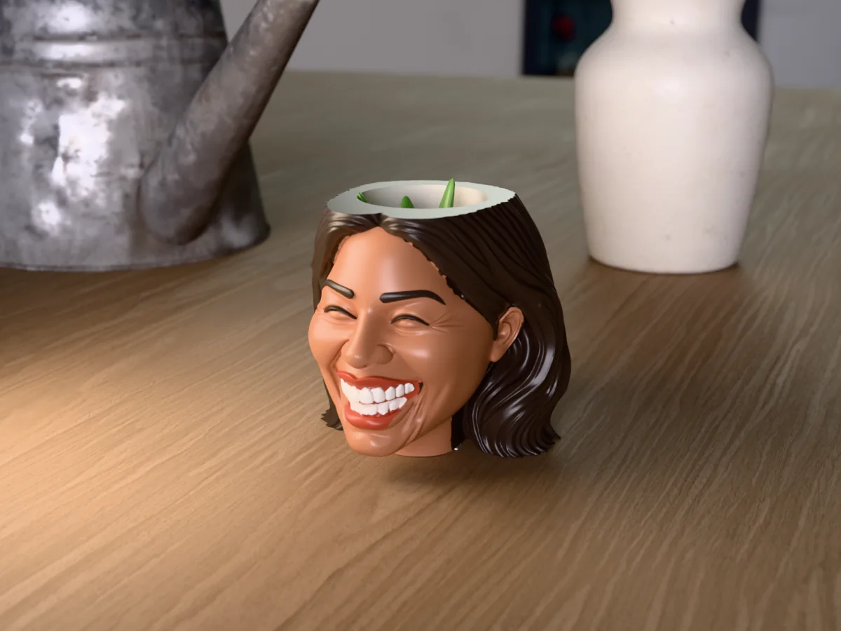 3D render of a 3D-printed head planter of a woman with long dark hair, laughing with her eyes shut, painted in 6 colours, on a table
