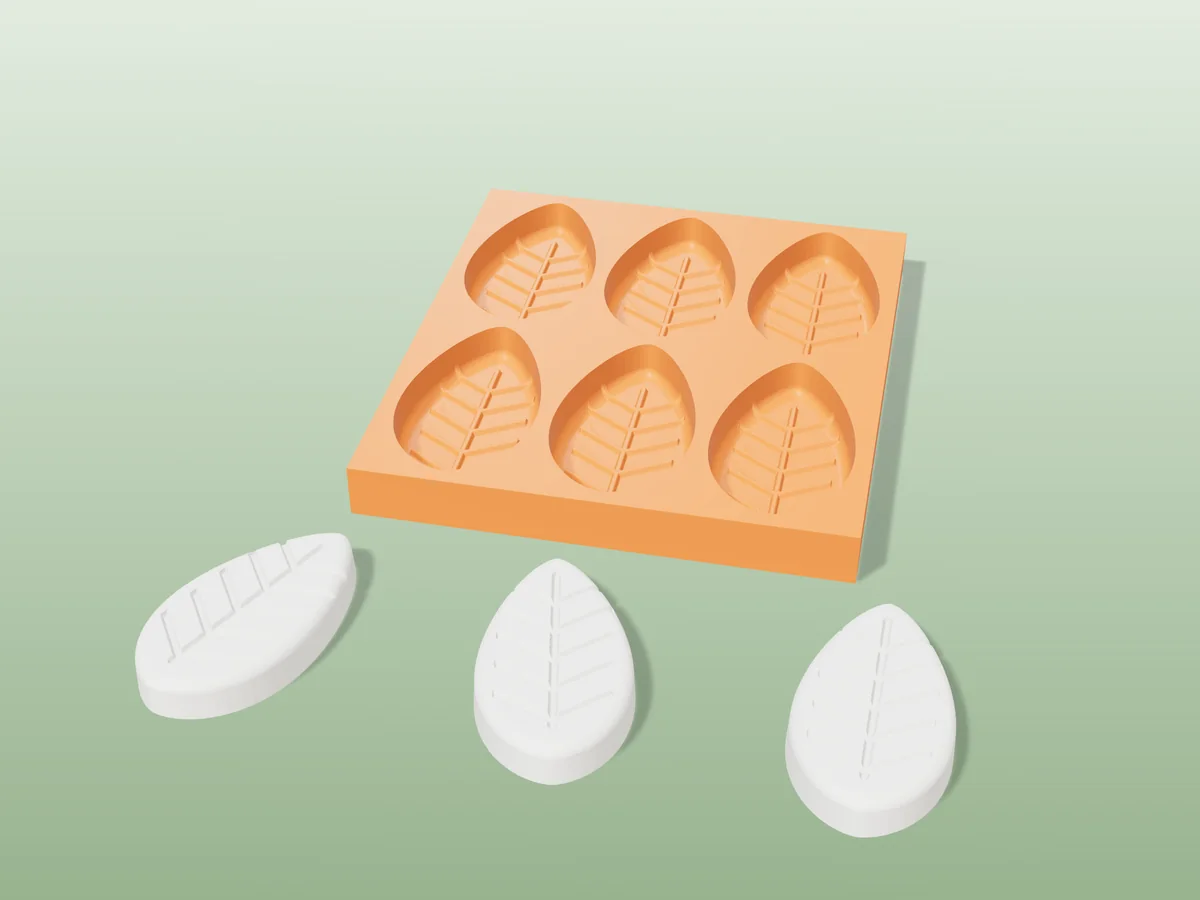 3D render of a printed orange tray with six leaf-shaped cavities, and three white plaster leaf aroma stones in front