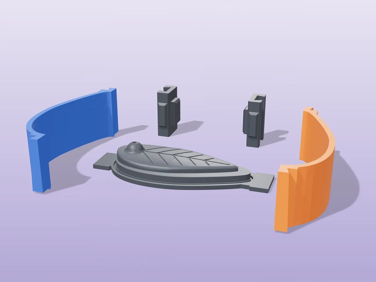 3D render of the leaf incense holder master fused on its printed charcoal base, between the orange and blue contoured walls