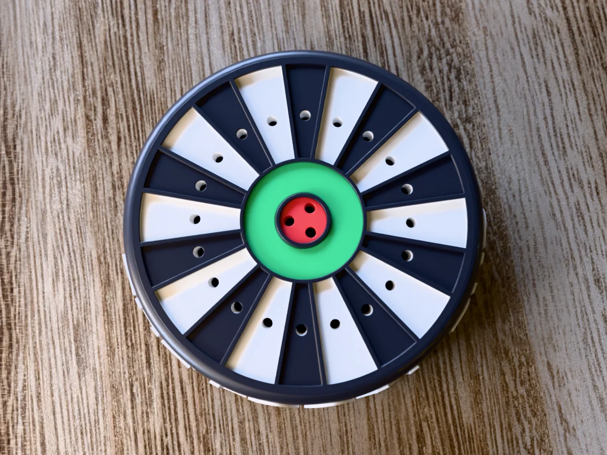 3D render of the THE LOCAL PUB dart holder from straight above: the black and white dartboard face with a hole in every wedge, the green ring and the red bullseye with its three holes