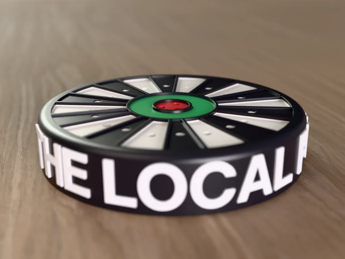 3D render, close view of the empty THE LOCAL PUB dart holder, the name in raised white letters round the side of the black case