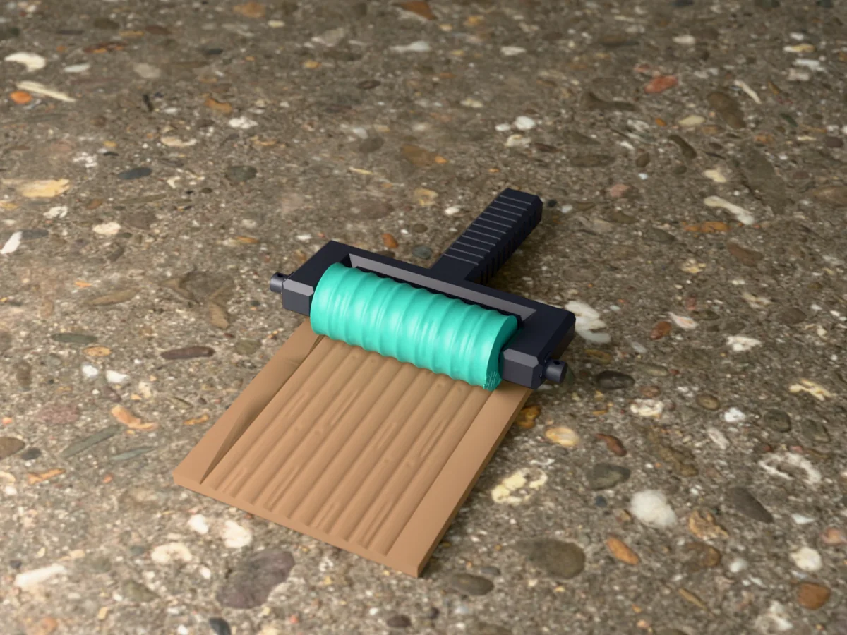 3D render of the printed log cabin texture roller in its dark fork handle, resting on a slab of clay it has pressed with a log cabin wall