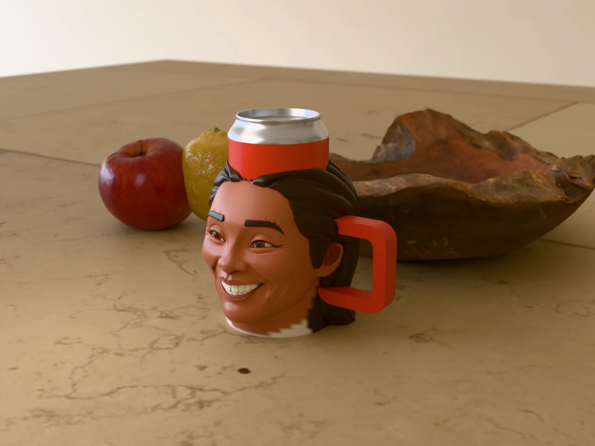3D render of a 3D-printed head can holder of a beaming woman with long dark wavy hair, painted in 6 colours, on a table