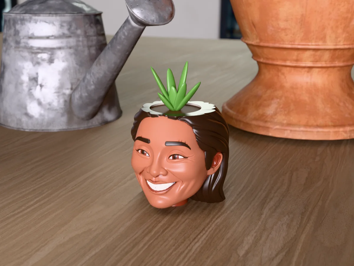 3D render of a 3D-printed head planter of a beaming woman with long dark wavy hair, painted in 6 colours, on a table