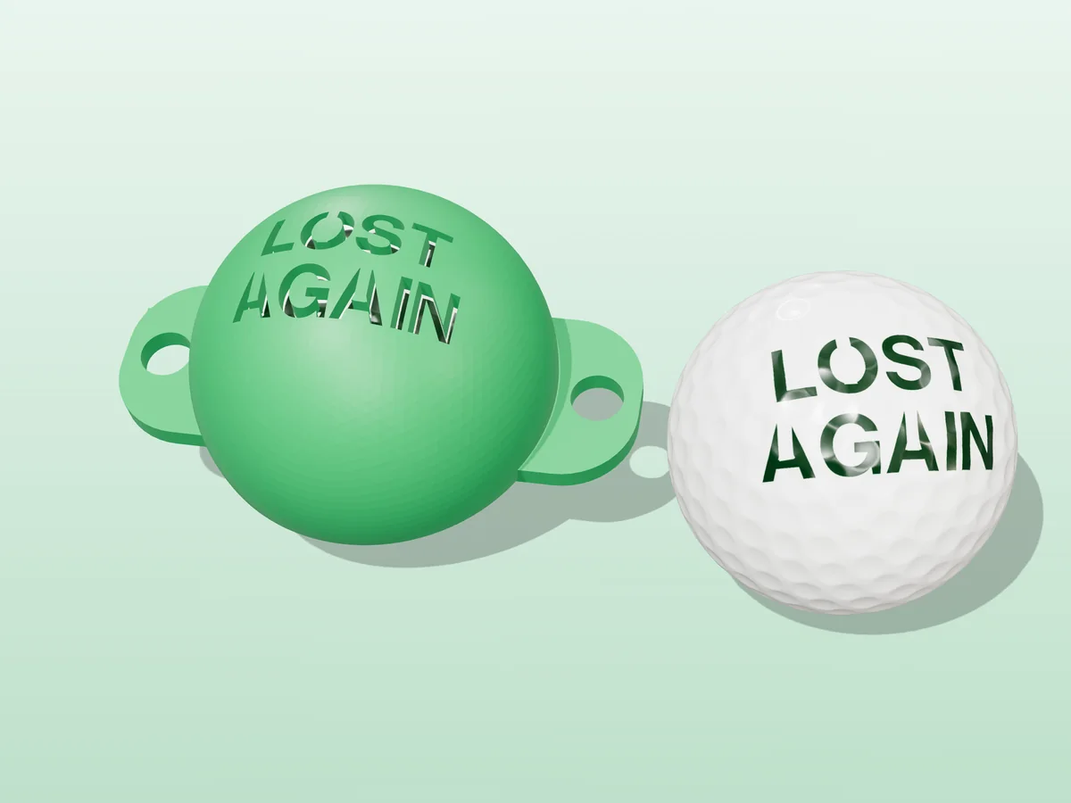 3D render of a green 3D-printed golf ball stencil with LOST AGAIN cut through it, sitting on a golf ball, next to a ball marked with LOST AGAIN in green