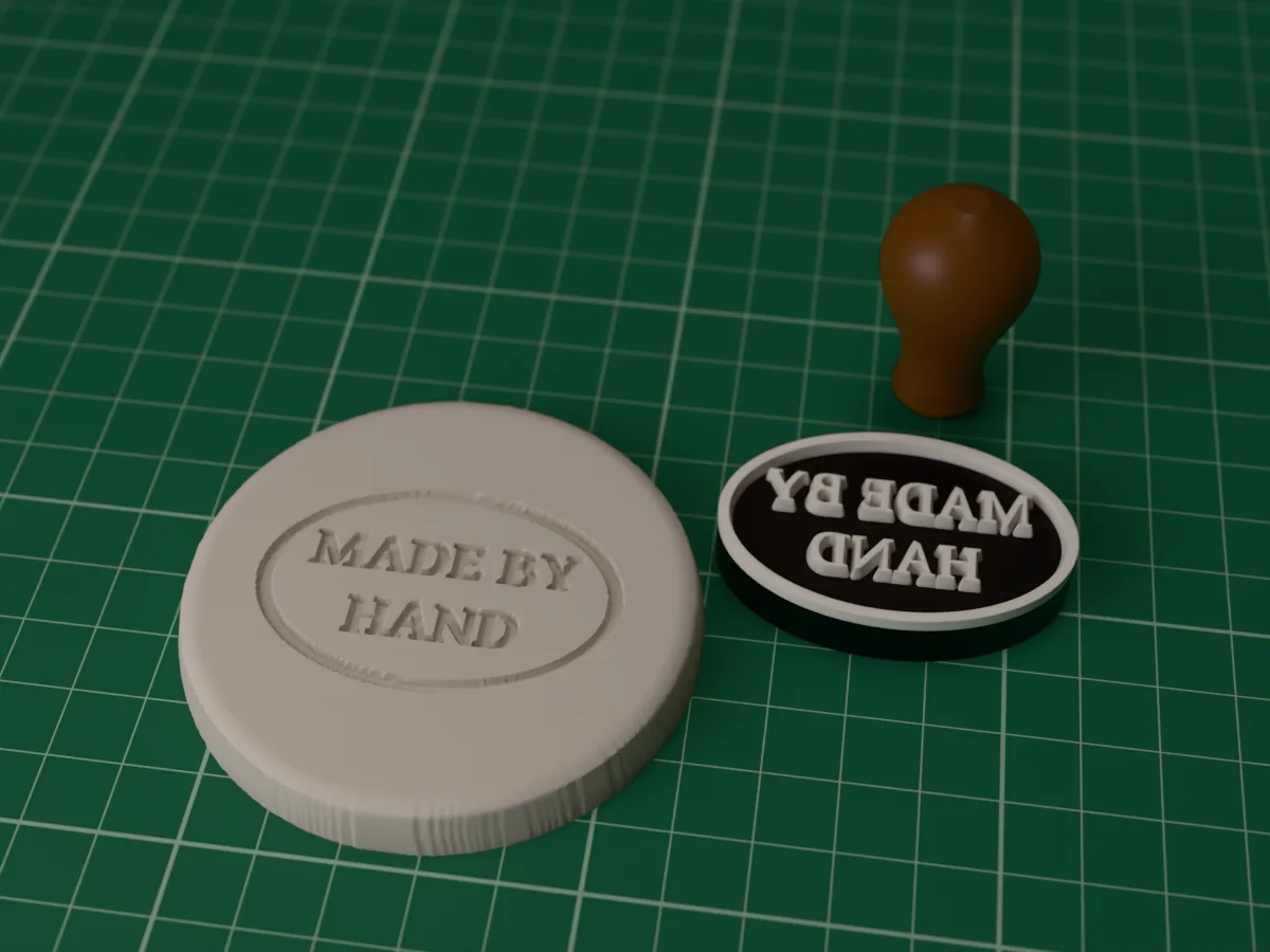 3D render of the printed made by hand stamp, face up next to its brown handle, and a round slab of clay with the stamp pressed into it