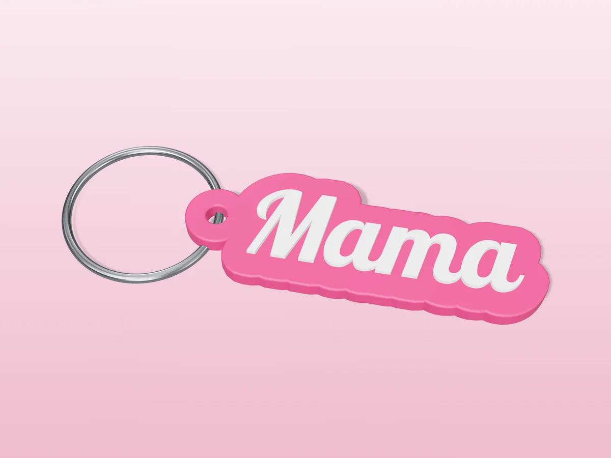 3D render of a rose pink and white 3D-printed Mama keychain with a steel split ring through its hole