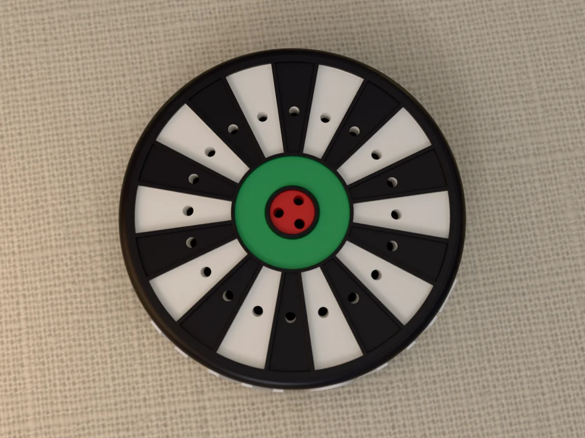 3D render of the MAN CAVE dart holder from straight above: the black and white dartboard face with a hole in every wedge, the green ring and the red bullseye with its three holes