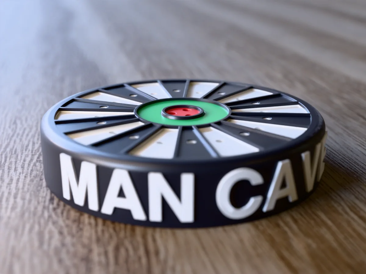3D render, close view of the empty MAN CAVE dart holder, the name in raised white letters round the side of the black case