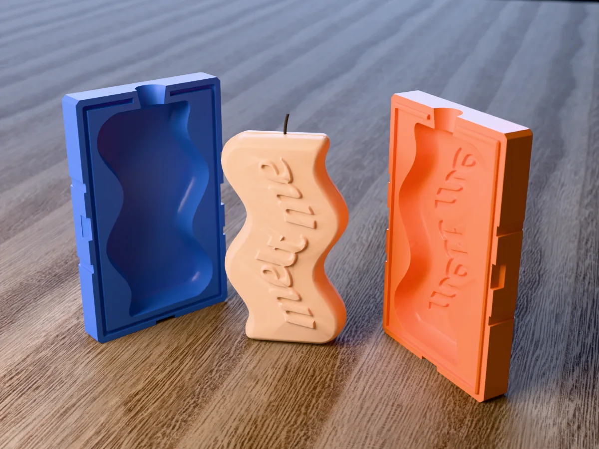 3D render of a wavy slab candle with "melt me" in raised script between the two printed halves of its rigid orange and blue mold