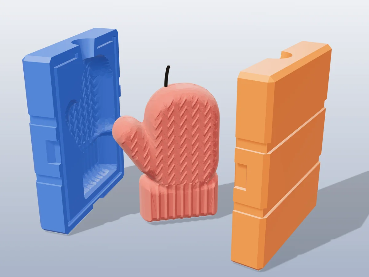 3D render of a red knitted mitten candle with a ribbed cuff between the two printed halves of its rigid blue and orange mold
