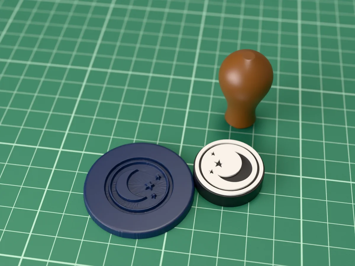 3D render of the printed moon and star wax seal stamp, face up next to its brown handle, and a round wax seal it has pressed