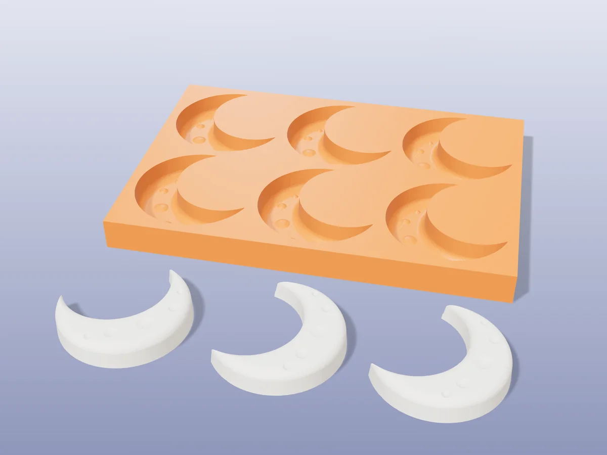 3D render of a printed orange tray with six crescent moon cavities, and three white plaster moons in front