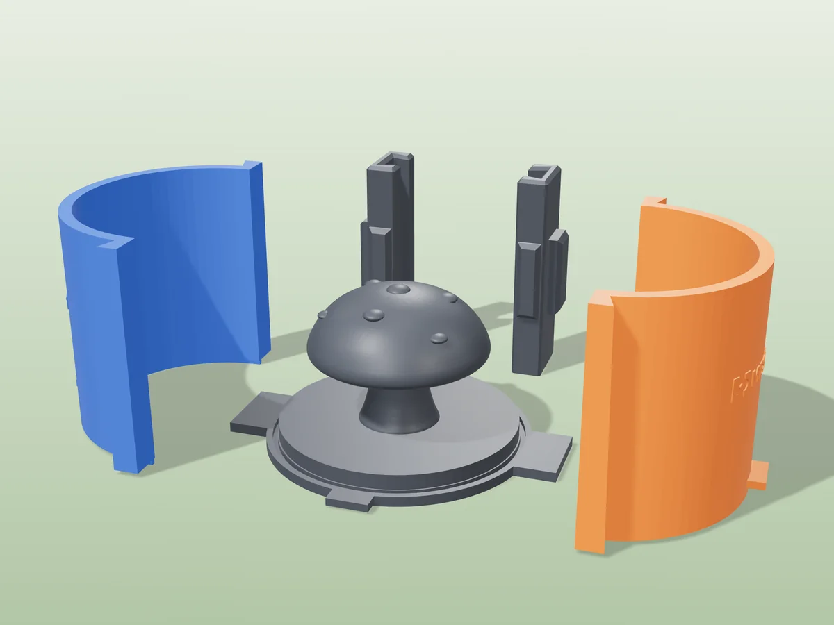 3D render of the spotted mushroom master fused on its printed charcoal base, between the orange and blue round walls, with the charcoal clamps behind