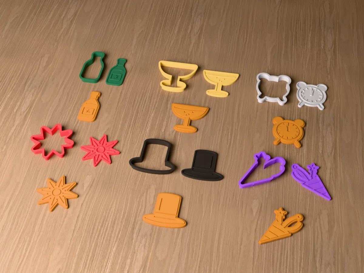 3D render of six 3D-printed New Year's Eve cookie cutters with their stamps and a golden stamped cookie in front of each: champagne bottle, champagne glass, clock at midnight, firework, top hat and party popper