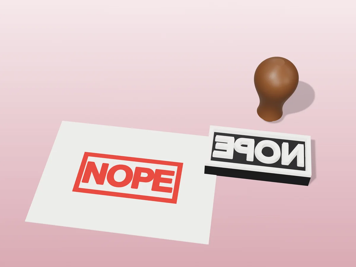 3D render of the printed nope stamp, face up next to its brown handle, and its red ink print on a sheet of paper