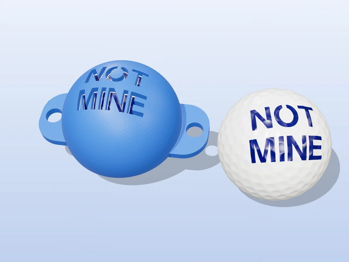 3D render of a blue 3D-printed golf ball stencil with NOT MINE cut through it, sitting on a golf ball, next to a ball marked with NOT MINE in blue