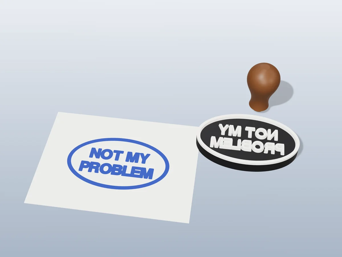 3D render of the printed not my problem stamp, face up next to its brown handle, and its blue ink print on a sheet of paper