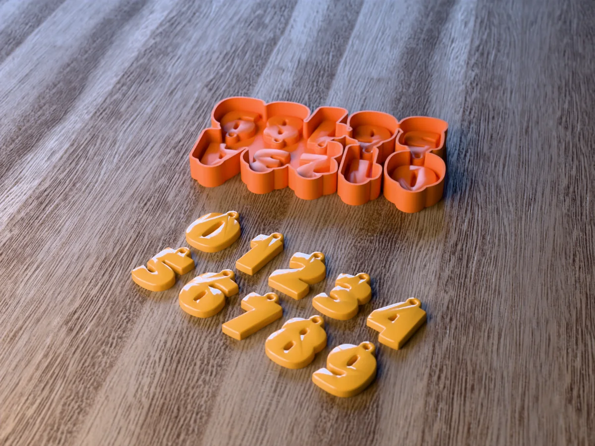 3D render of the printed caster for a number resin keychain mold with the digits 0 to 9, and ten yellow bubble number keychains with ring tabs in front