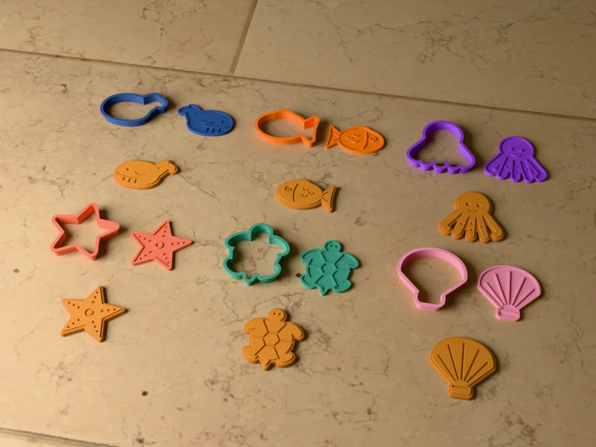 3D render of six 3D-printed ocean cookie cutters with their stamps and a golden stamped cookie in front of each: whale, fish, octopus, starfish, sea turtle and seashell
