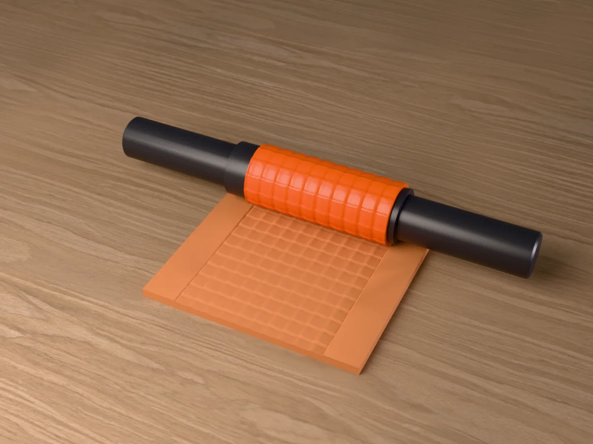 3D render of the printed clay pantile roof textured rolling pin, its patterned sleeve between two dark handles, resting on a slab of clay it has pressed with clay pantile roof tiles