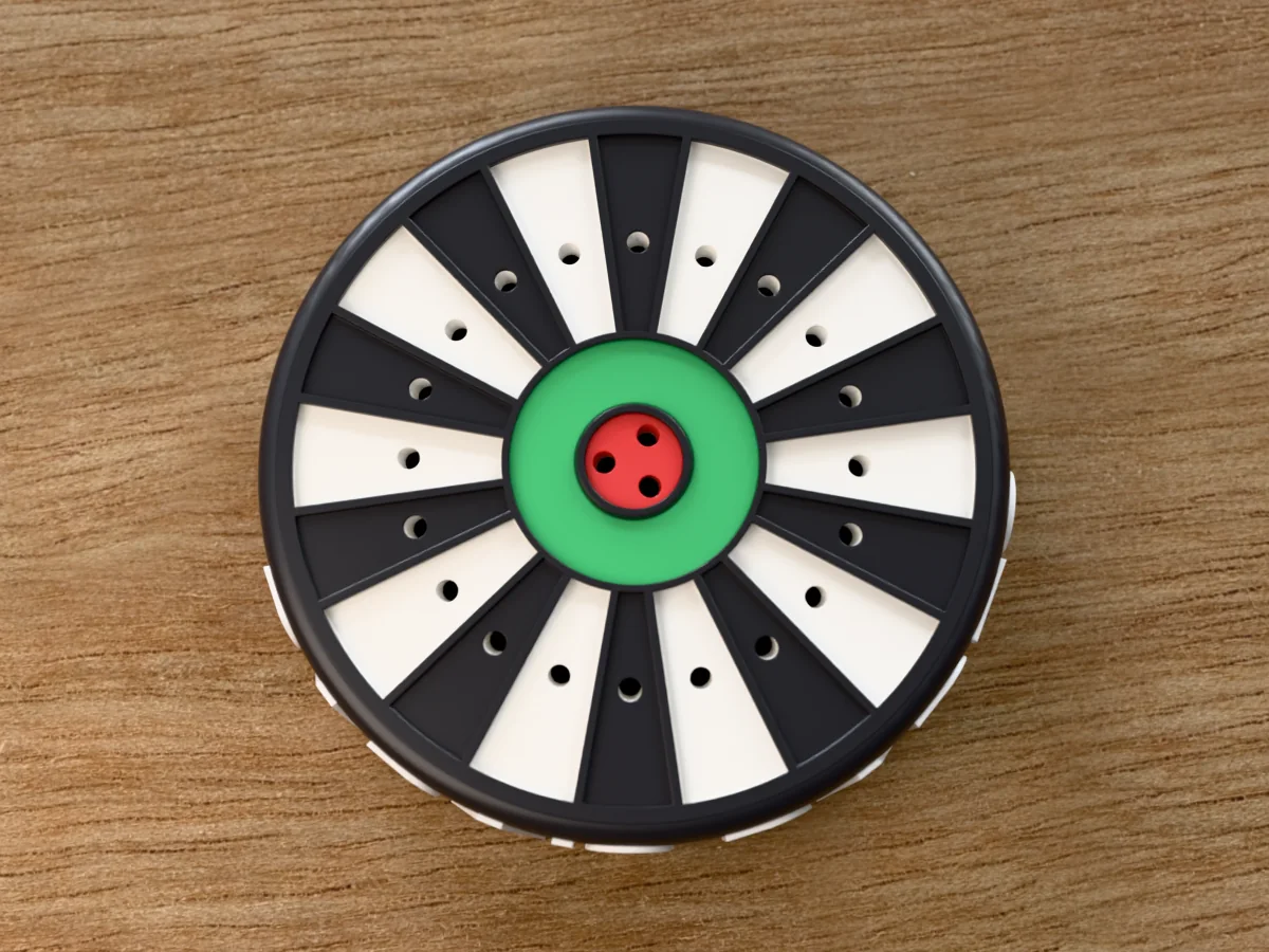 3D render of the PAPA'S DARTS dart holder from straight above: the black and white dartboard face with a hole in every wedge, the green ring and the red bullseye with its three holes